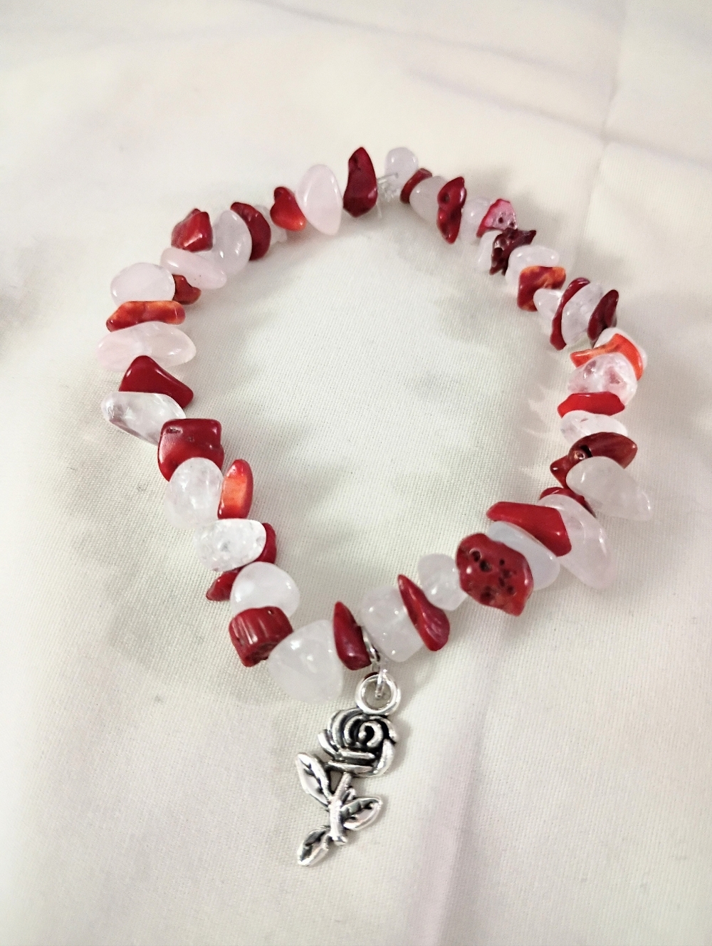 Red and White Beaded Rose Charm Bracelet - Women Jewelry Homemade